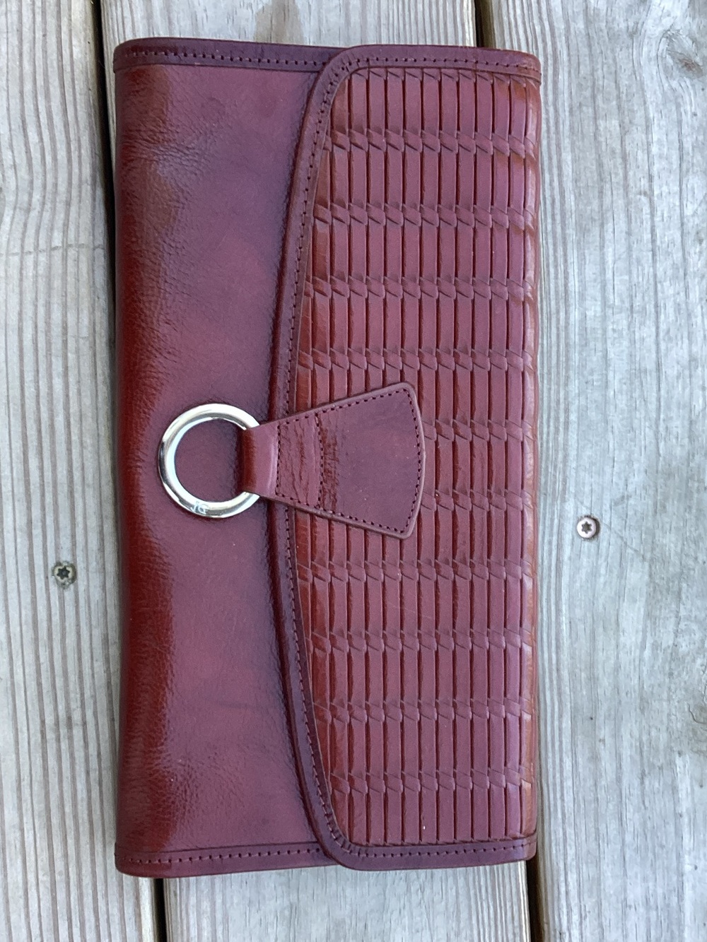 Woven Leather Clutch Wallet in Rich Brown with Silver Ring Accent